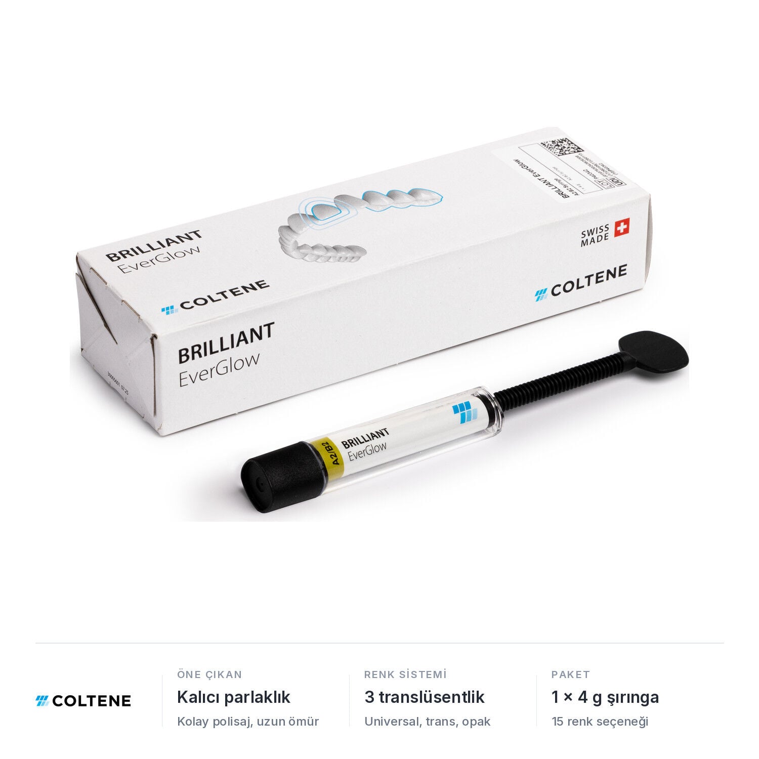 Coltene BRILLIANT EverGlow universal kompozit, 1 x 4 g şırınga ve kutu; kalıcı parlaklık, 3 translüsentlik, 15 renk