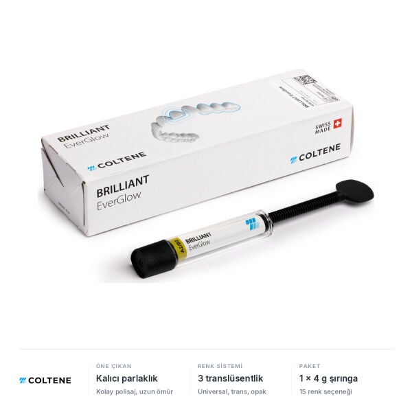 Coltene BRILLIANT EverGlow universal kompozit, 1 x 4 g şırınga ve kutu; kalıcı parlaklık, 3 translüsentlik, 15 renk
