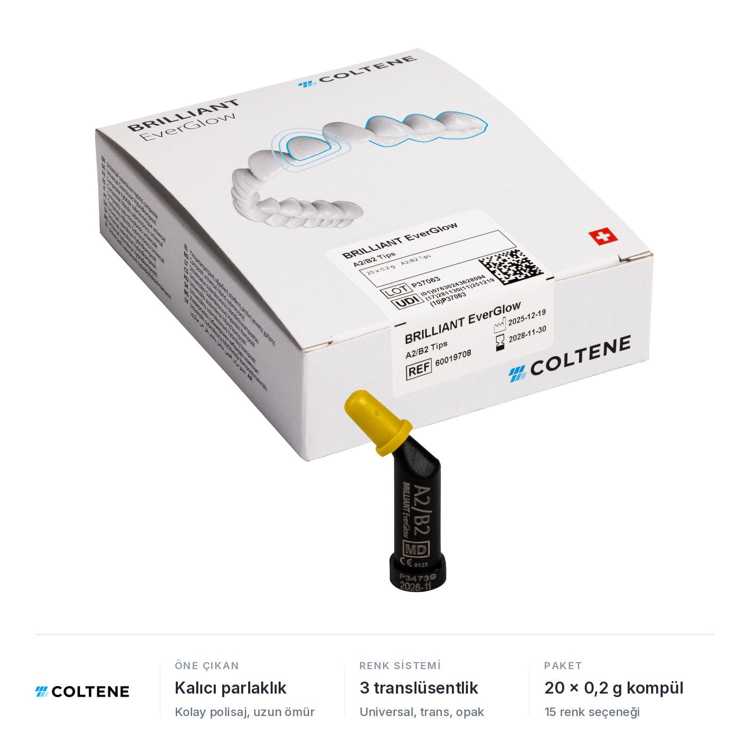 Coltene BRILLIANT EverGlow universal kompozit kompül, 20 x 0,2 g kutu; kalıcı parlaklık, 3 translüsentlik, 15 renk