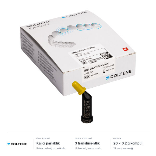 Coltene BRILLIANT EverGlow universal kompozit kompül, 20 x 0,2 g kutu; kalıcı parlaklık, 3 translüsentlik, 15 renk