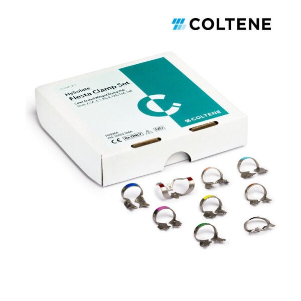 Coltene Fiesta Kanatlı Klemp Seti — renk kodlu klempler ve kutusu