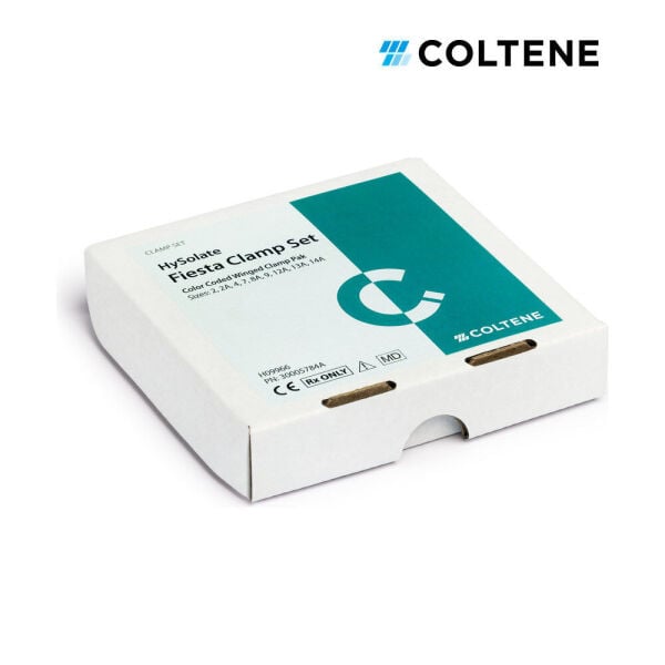 Coltene Fiesta Kanatlı Klemp Seti — renk kodlu klempler ve kutusu
