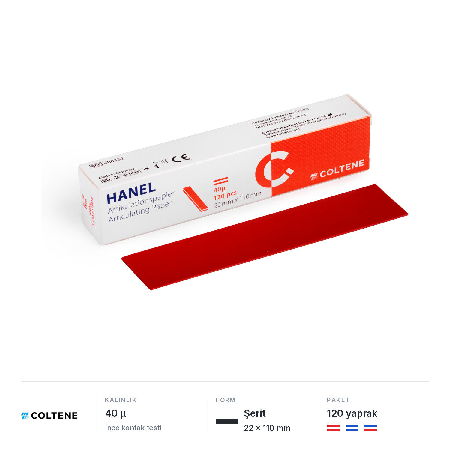 Coltene Hanel artikülasyon kağıdı 40 µ, 22 × 110 mm şerit, 120 yaprak; kırmızı, mavi ve mavi/kırmızı, çift taraflı