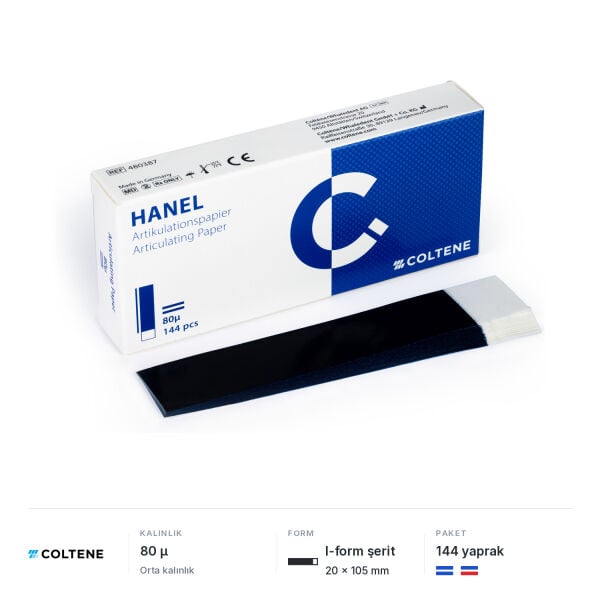 Coltene Hanel artikülasyon kağıdı 80 µ, 20 × 105 mm I-form şerit, 144 yaprak; mavi ve mavi/kırmızı, çift taraflı