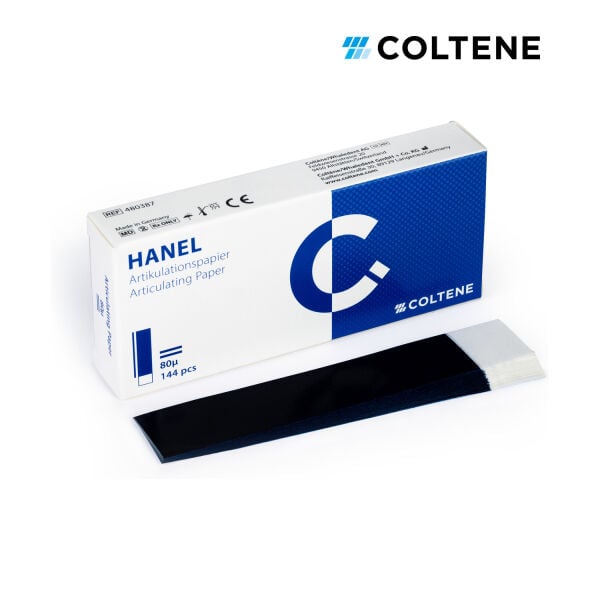 Coltene Hanel artikülasyon kağıdı 80 µ, 20 × 105 mm I-form şerit, 144 yaprak, mavi