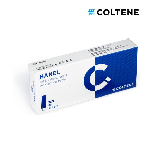 Coltene Hanel artikülasyon kağıdı 80 µ, 20 × 105 mm I-form şerit, 144 yaprak, mavi (ambalaj)