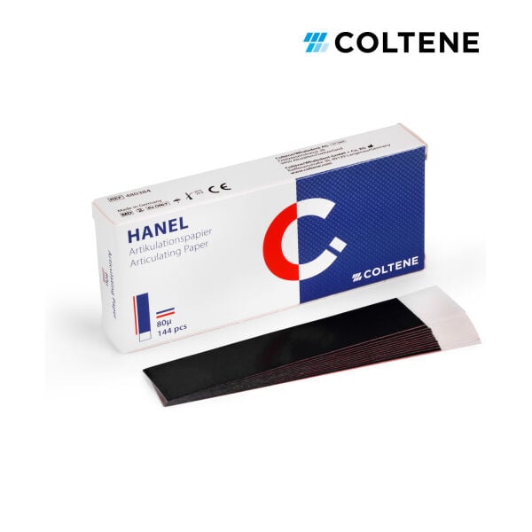 Coltene Hanel artikülasyon kağıdı 80 µ, 20 × 105 mm I-form şerit, 144 yaprak, mavi / kırmızı