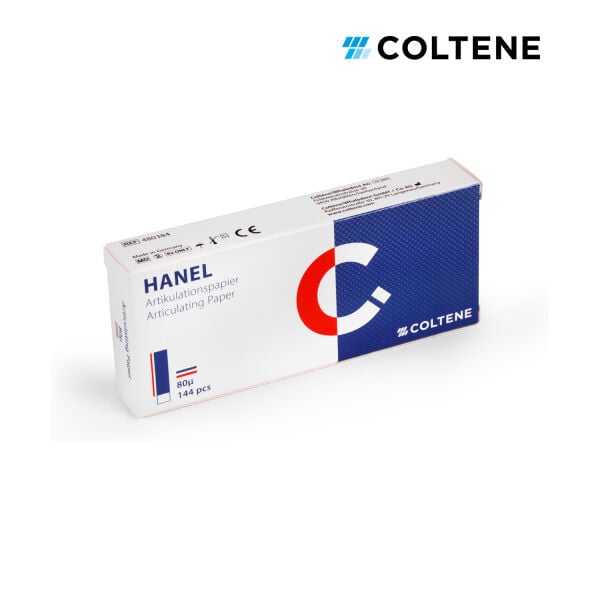 Coltene Hanel artikülasyon kağıdı 80 µ, 20 × 105 mm I-form şerit, 144 yaprak, mavi / kırmızı (ambalaj)