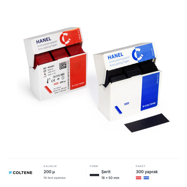 Coltene Hanel artikülasyon kağıdı 200 µ, 18 × 50 mm şerit, 300 yaprak; kırmızı ve mavi, çift taraflı