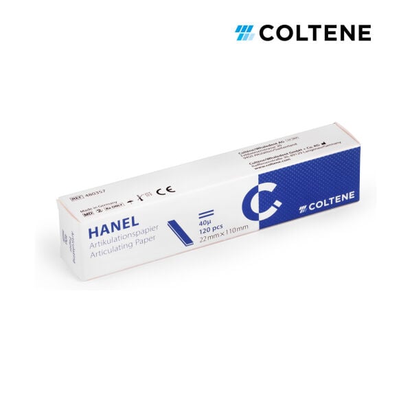 Coltene Hanel artikülasyon kağıdı 40 µ, 22 × 110 mm şerit, 120 yaprak, mavi (ambalaj)