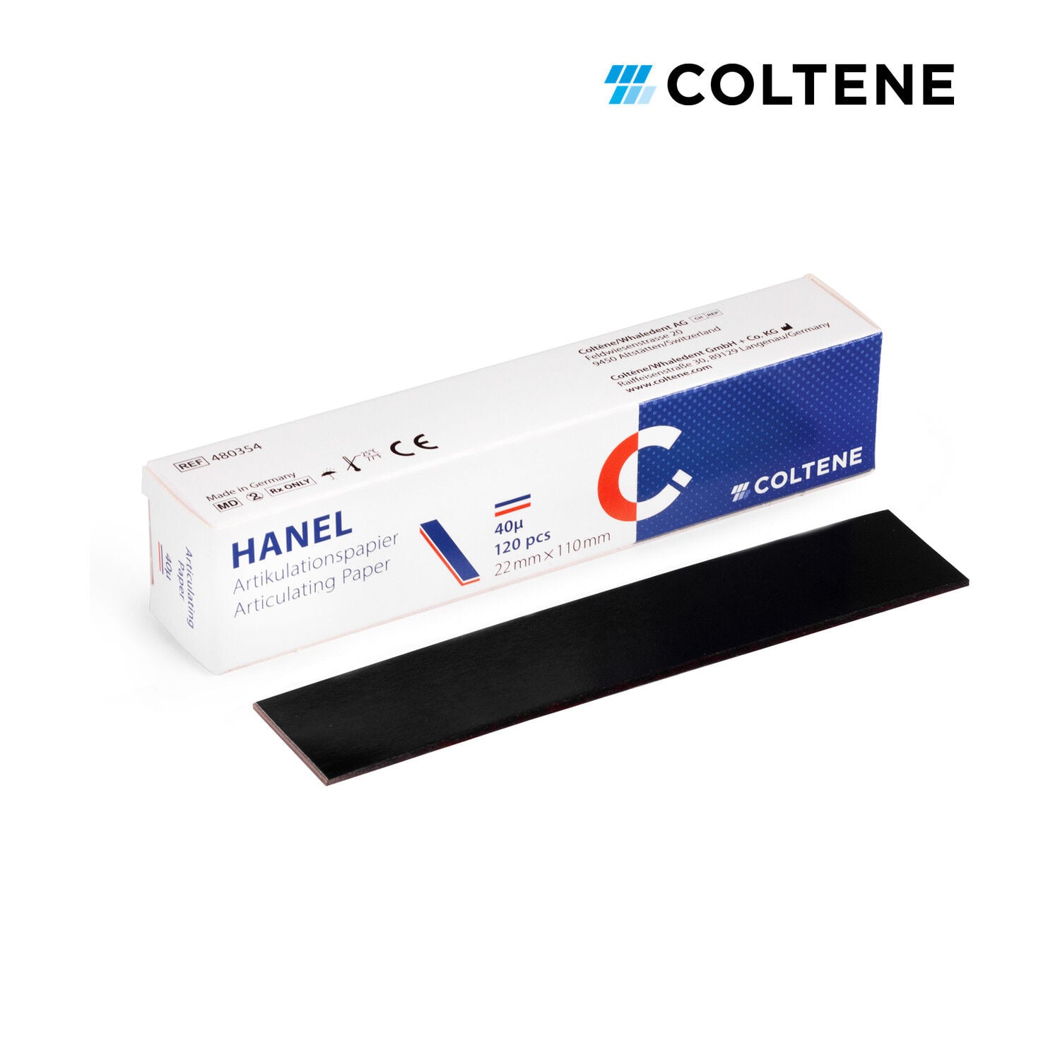 Coltene Hanel artikülasyon kağıdı 40 µ, 22 × 110 mm şerit, 120 yaprak, mavi / kırmızı