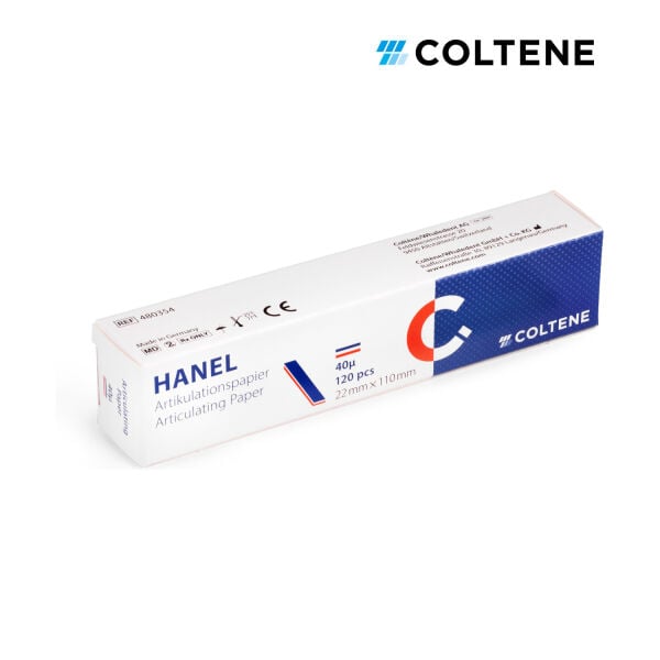 Coltene Hanel artikülasyon kağıdı 40 µ, 22 × 110 mm şerit, 120 yaprak, mavi / kırmızı (ambalaj)