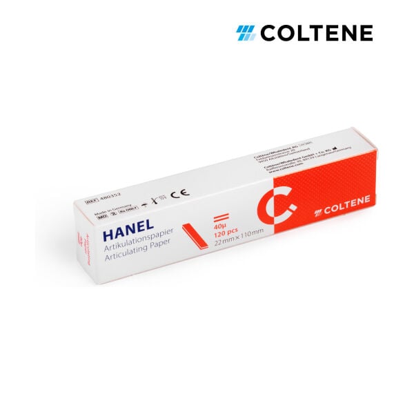 Coltene Hanel artikülasyon kağıdı 40 µ, 22 × 110 mm şerit, 120 yaprak, kırmızı (ambalaj)