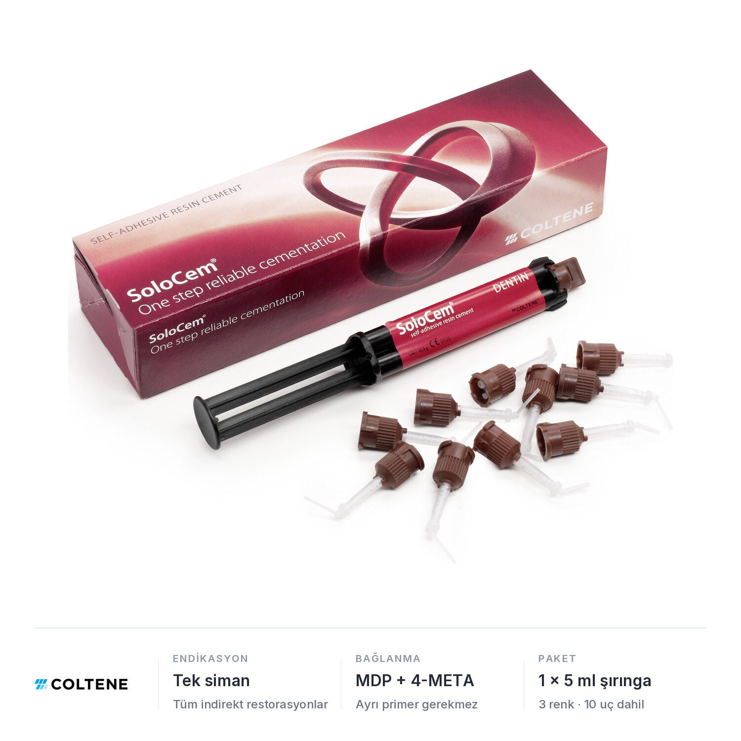 Coltene SoloCem self-adeziv rezin siman, Dentin şırınga, karıştırma uçları ve kutu; MDP + 4-META, 1 x 5 ml