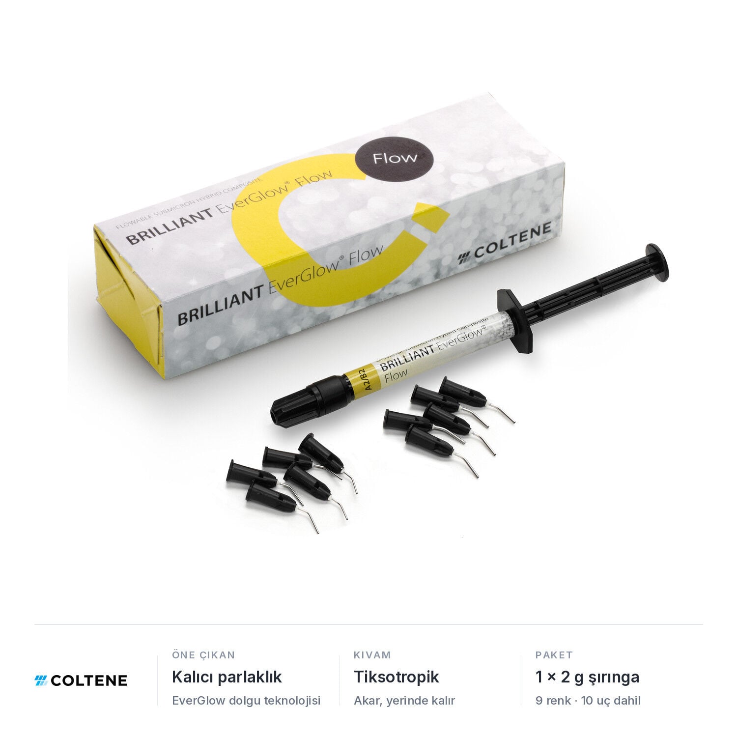 Coltene BRILLIANT EverGlow Flow akışkan kompozit, 1 x 2 g şırınga ve kutu; kalıcı parlaklık, tiksotropik kıvam, 9 renk, 10 uç dahil