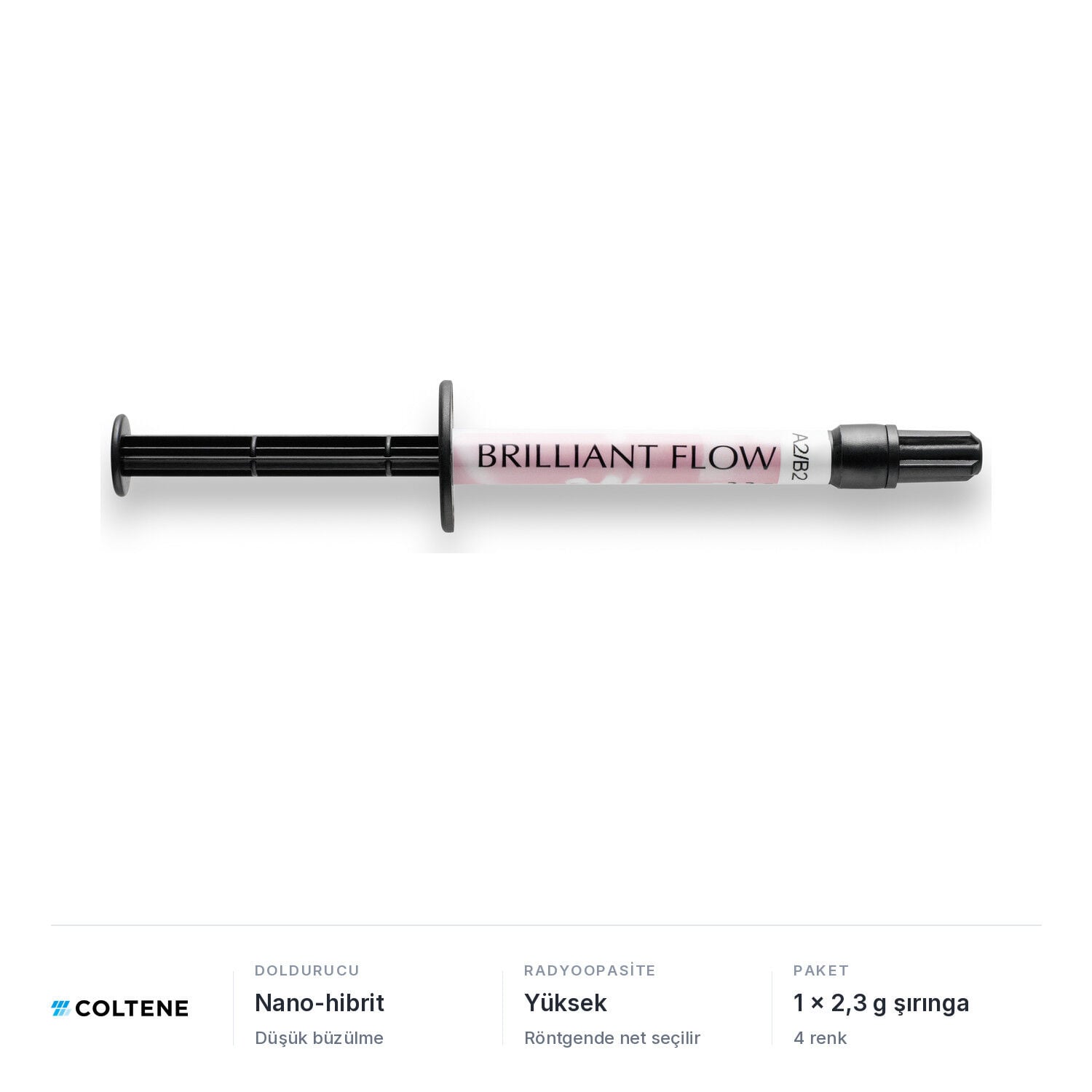 Coltene BRILLIANT Flow nano-hibrit akışkan kompozit, 1 x 2,3 g şırınga; düşük büzülme, yüksek radyoopasite, 4 renk
