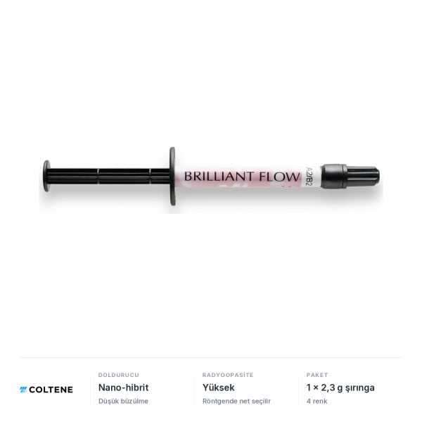 Coltene BRILLIANT Flow nano-hibrit akışkan kompozit, 1 x 2,3 g şırınga; düşük büzülme, yüksek radyoopasite, 4 renk