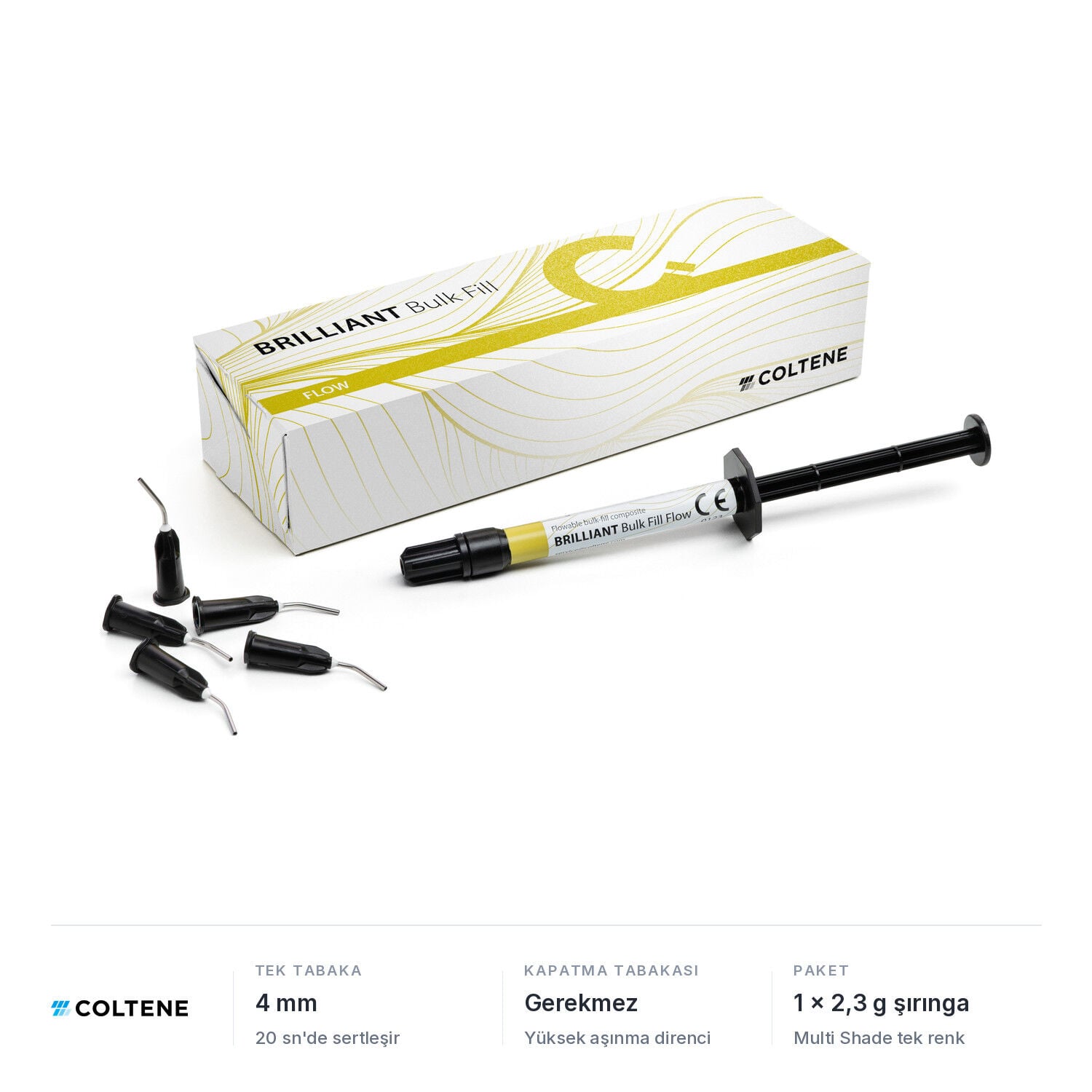 Coltene BRILLIANT Bulk Fill Flow akışkan kompozit, 1 x 2,3 g şırınga ve kutu; tek tabakada 4 mm, kapatma tabakası gerekmez, Multi Shade
