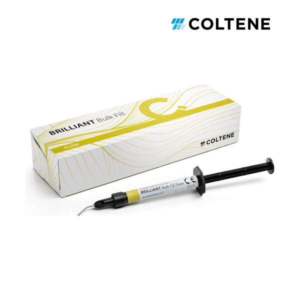 Coltene BRILLIANT Bulk Fill Flow şırınga, uygulama ucu takılı, ve kutu