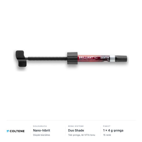 Coltene BRILLIANT NG nano-hibrit universal kompozit, 1 x 4 g şırınga; düşük büzülme, Duo Shade, 15 renk