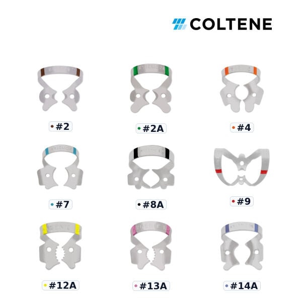 Coltene Fiesta Kanatlı Rubber Dam Klempi — renk kodlu numara seçenekleri
