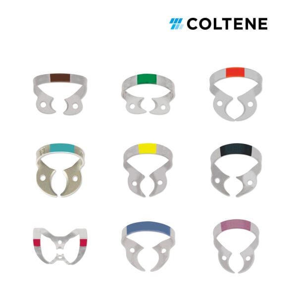 Coltene Fiesta Kanatsız Rubber Dam Klempi — renk kodlu numara seçenekleri