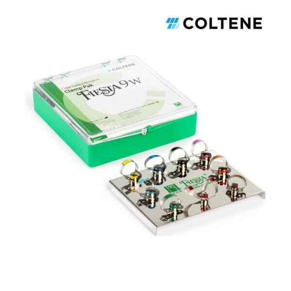 Coltene Fiesta Kanatsız Klemp Seti — renk kodlu W klempler ve kutusu