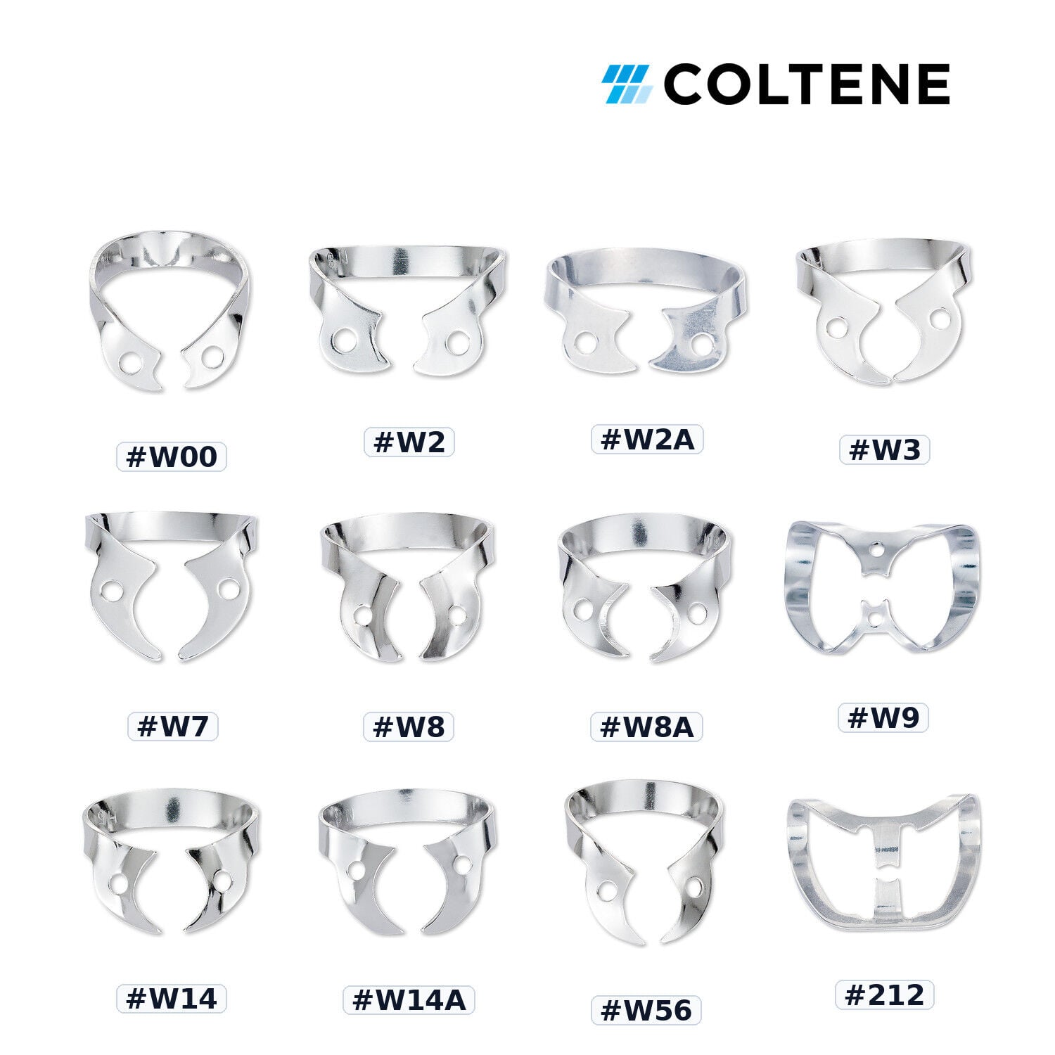 Coltene Gloss Kanatsız Rubber Dam Klempi — parlak yüzeyli numara seçenekleri