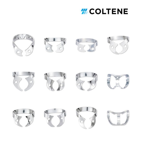 Coltene Gloss Kanatsız Rubber Dam Klempi — parlak yüzeyli numara seçenekleri