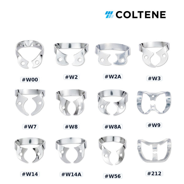 Coltene Gloss Kanatsız Rubber Dam Klempi — parlak yüzeyli numara seçenekleri