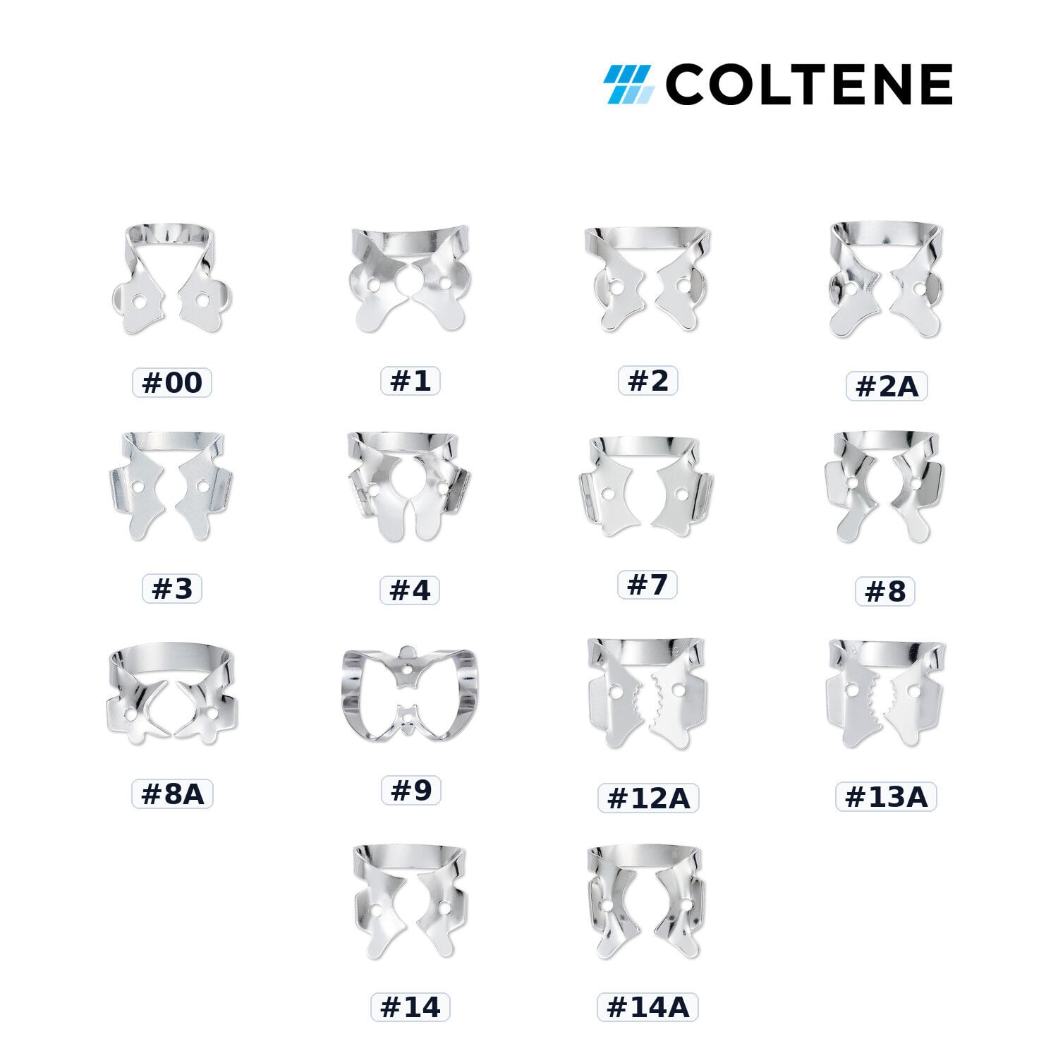 Coltene Gloss Kanatlı Rubber Dam Klempi — parlak yüzeyli numara seçenekleri