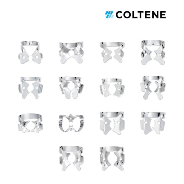 Coltene Gloss Kanatlı Rubber Dam Klempi — parlak yüzeyli numara seçenekleri