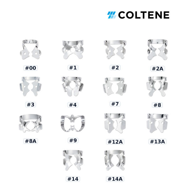 Coltene Gloss Kanatlı Rubber Dam Klempi — parlak yüzeyli numara seçenekleri