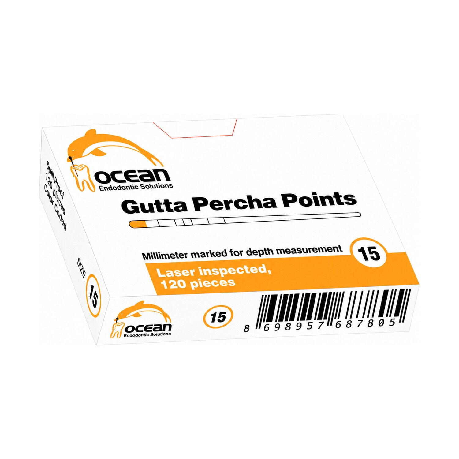 Ocean Gutta Percha Points ambalajı, ISO renk kodlu, milimetre işaretli