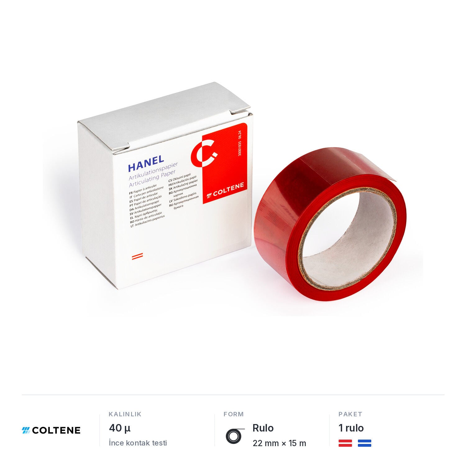 Coltene Hanel artikülasyon kağıdı 40 µ, 22 mm × 15 m rulo; kırmızı ve mavi, çift taraflı