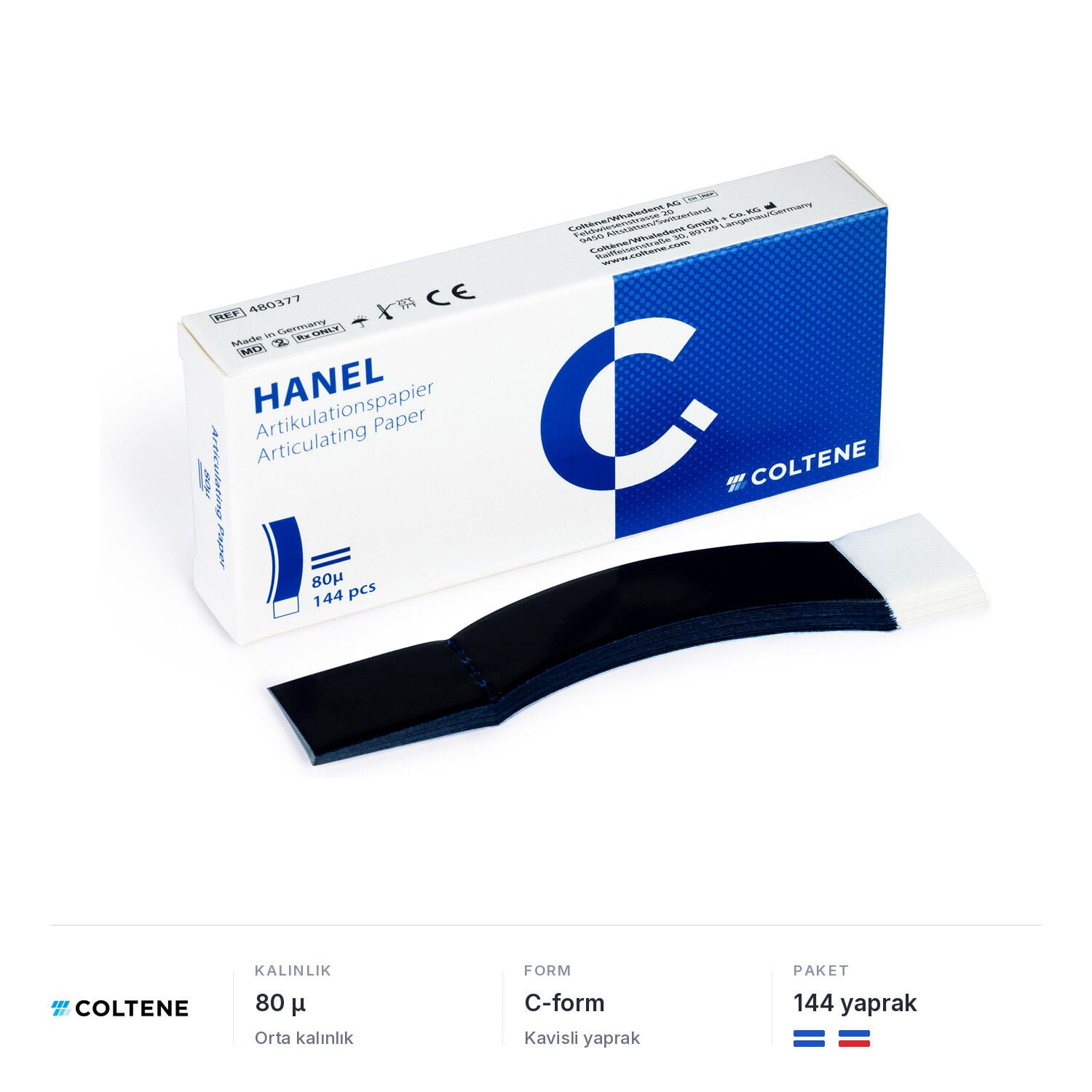 Coltene Hanel artikülasyon kağıdı 80 µ, C-form, 144 yaprak; mavi ve mavi/kırmızı, çift taraflı