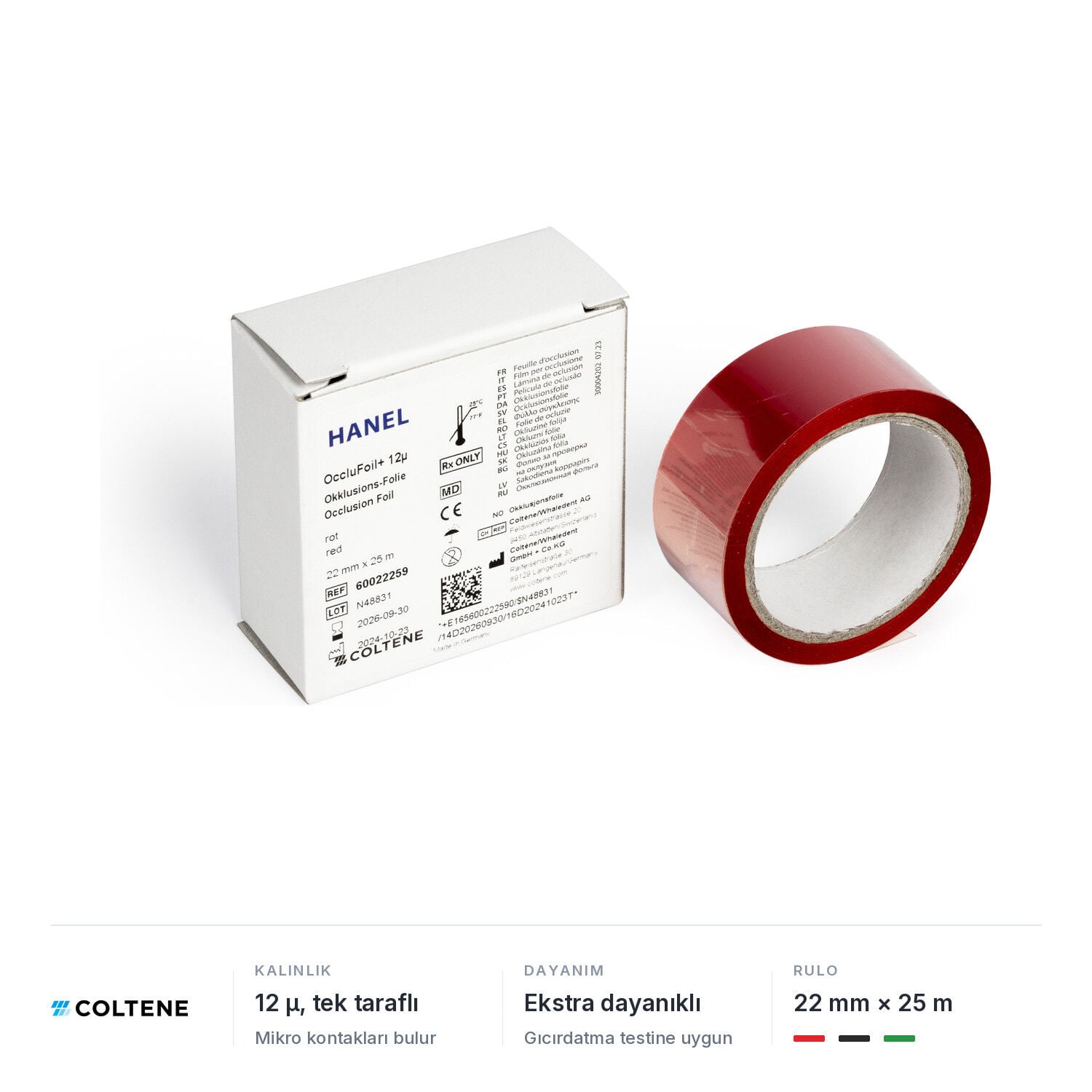 Coltene Hanel OccluFoil+ oklüzyon folyosu 12 µ, tek taraflı, 22 mm × 25 m