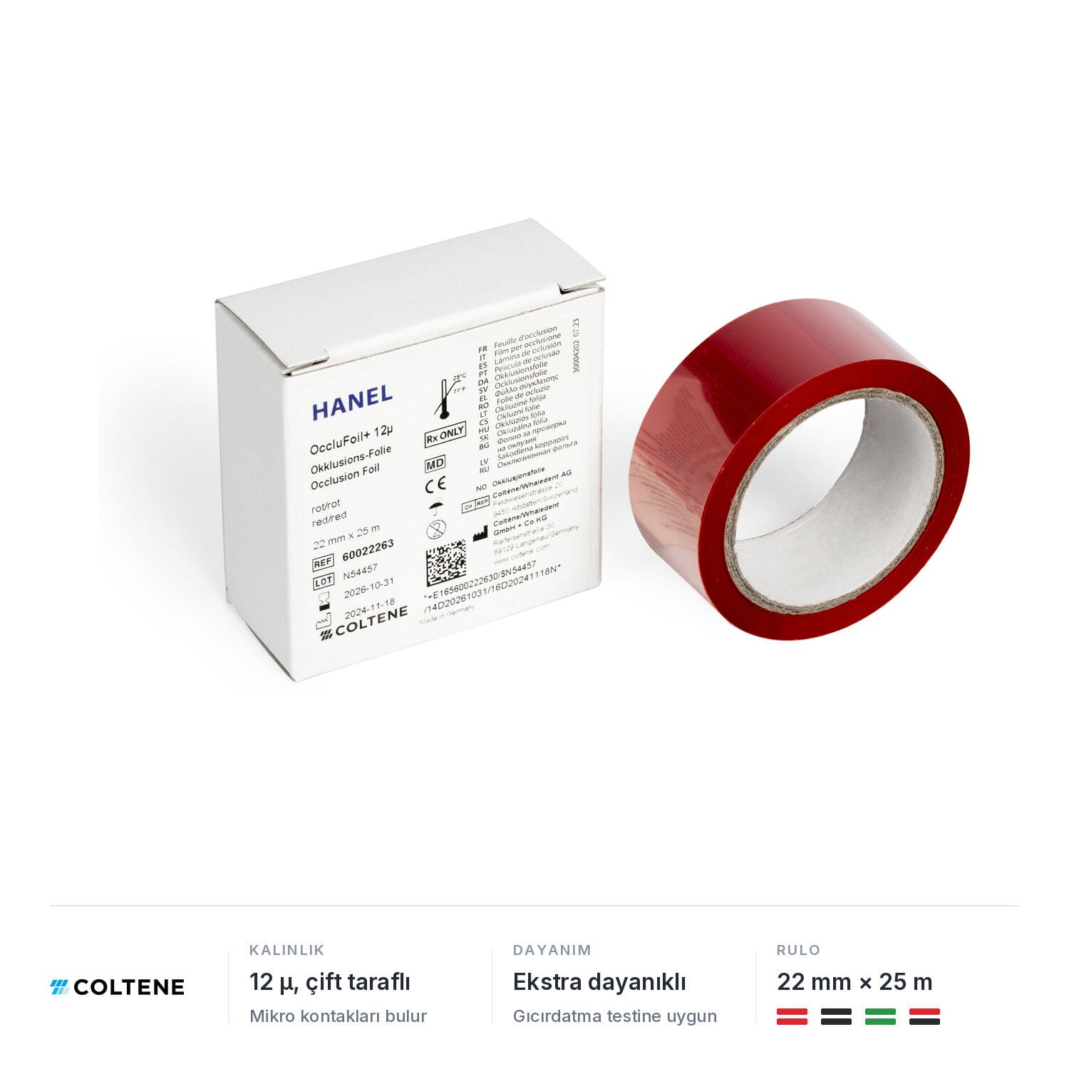 Coltene Hanel OccluFoil+ oklüzyon folyosu 12 µ, çift taraflı, 22 mm × 25 m
