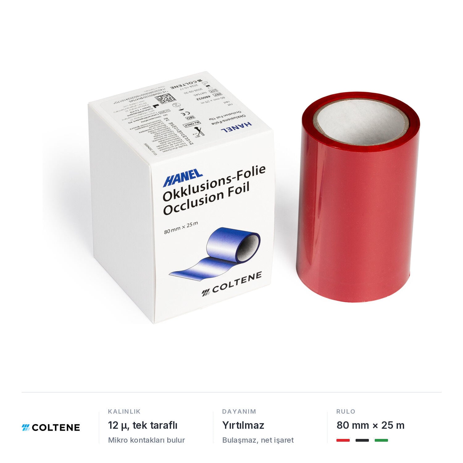 Coltene Hanel oklüzyon folyosu 12 µ, tek taraflı, 80 mm × 25 m
