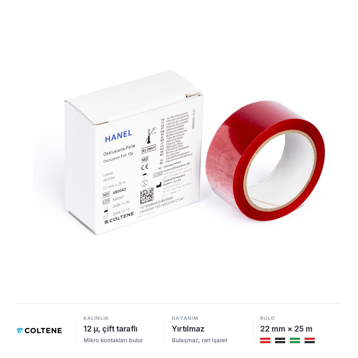 Coltene Hanel oklüzyon folyosu 12 µ, çift taraflı, 22 mm × 25 m