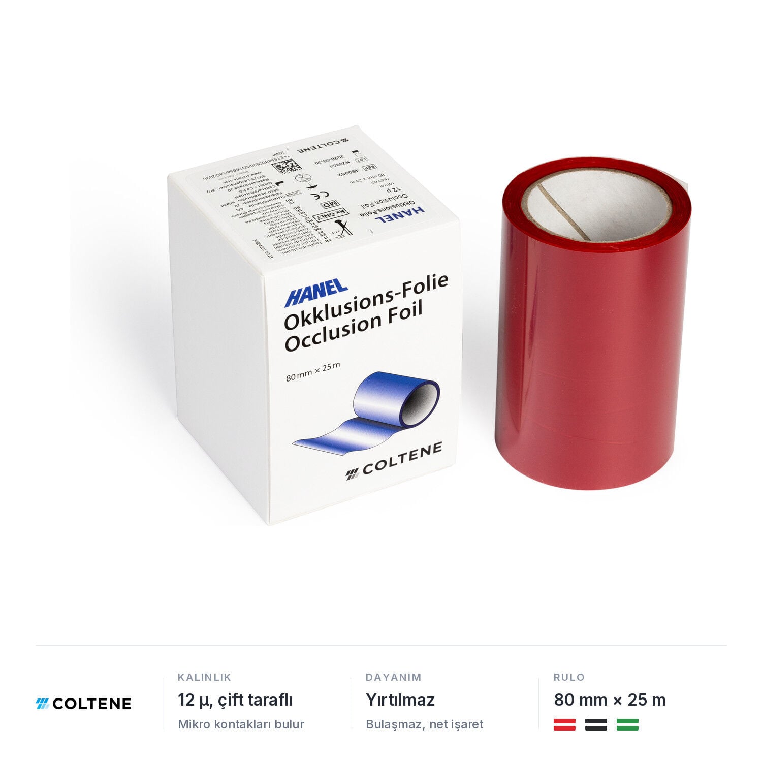 Coltene Hanel oklüzyon folyosu 12 µ, çift taraflı, 80 mm × 25 m