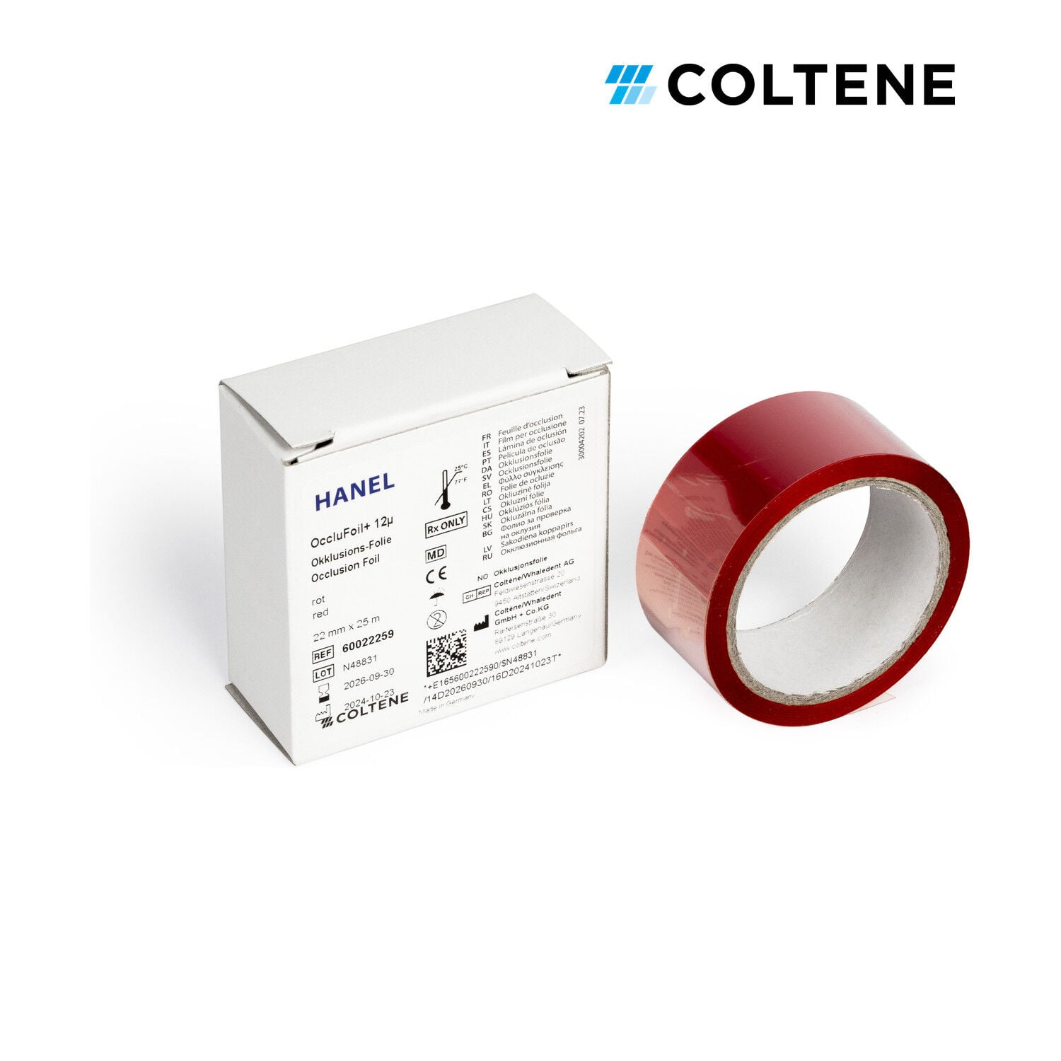 Coltene Hanel OccluFoil+ oklüzyon folyosu 12 µ, tek taraflı, 22 mm × 25 m, kırmızı