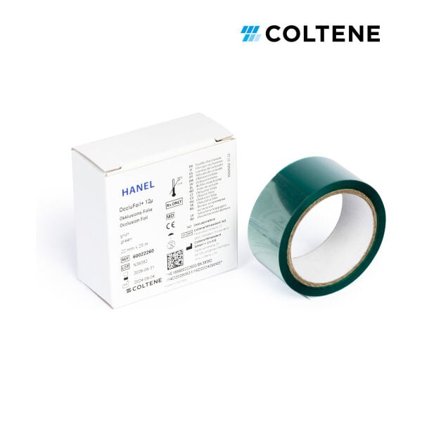 Coltene Hanel OccluFoil+ oklüzyon folyosu 12 µ, tek taraflı, 22 mm × 25 m, yeşil