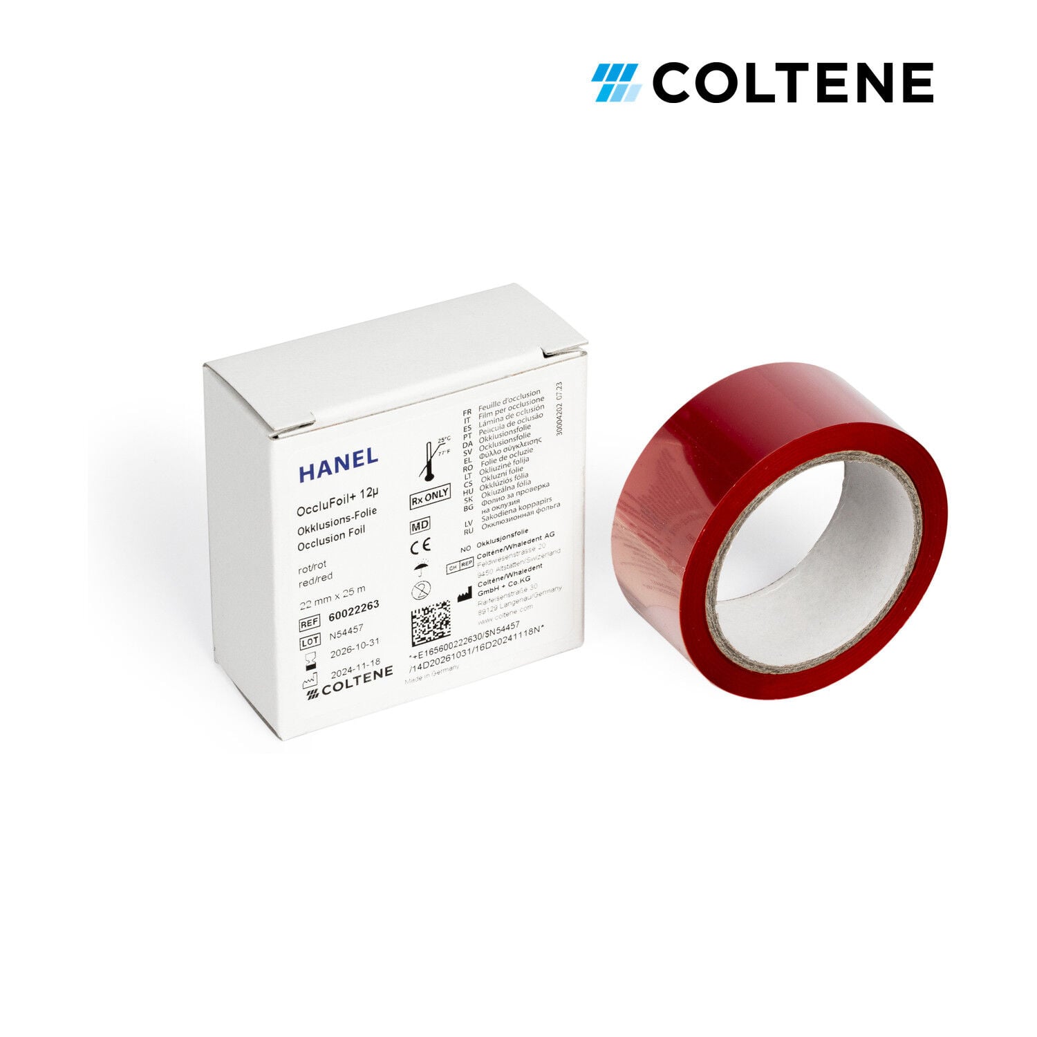 Coltene Hanel OccluFoil+ oklüzyon folyosu 12 µ, çift taraflı, 22 mm × 25 m, kırmızı