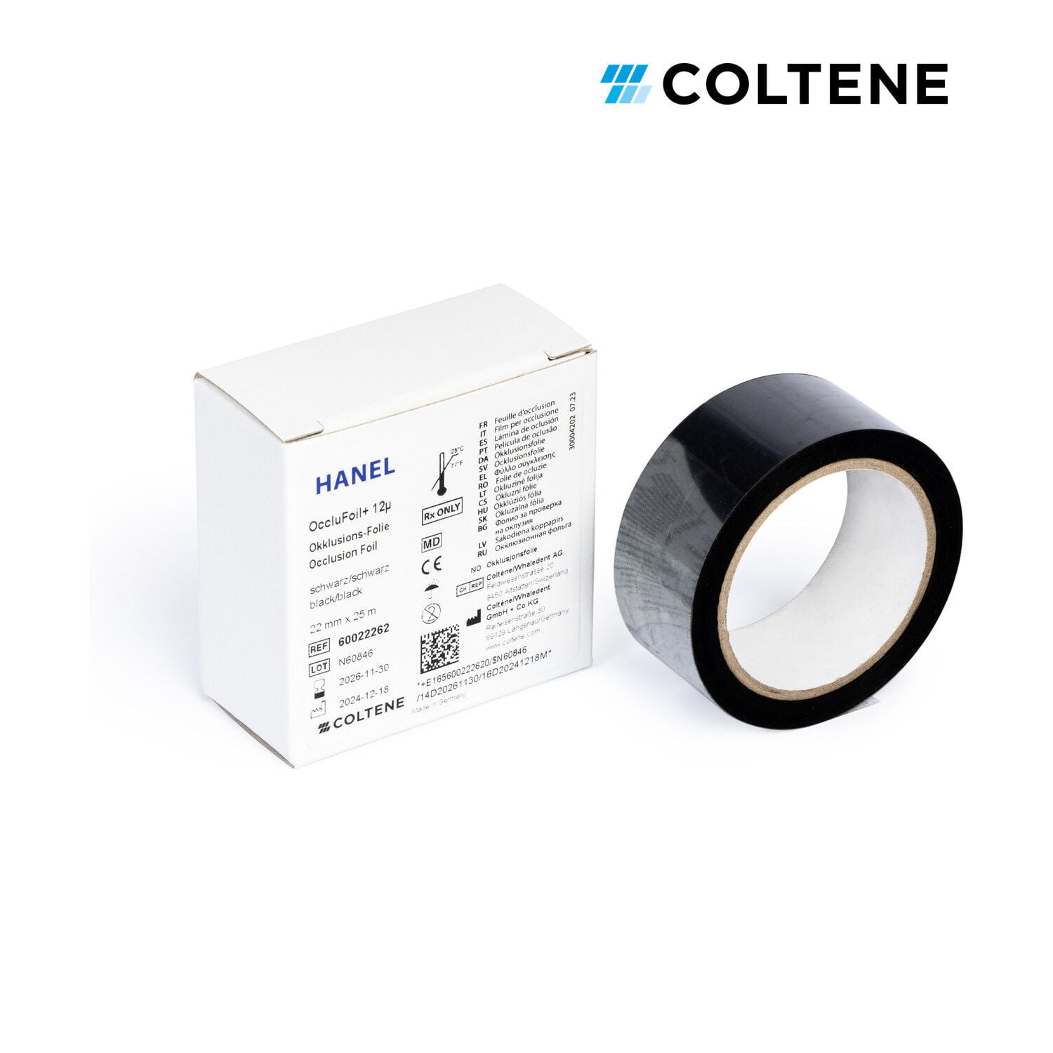 Coltene Hanel OccluFoil+ oklüzyon folyosu 12 µ, çift taraflı, 22 mm × 25 m, siyah
