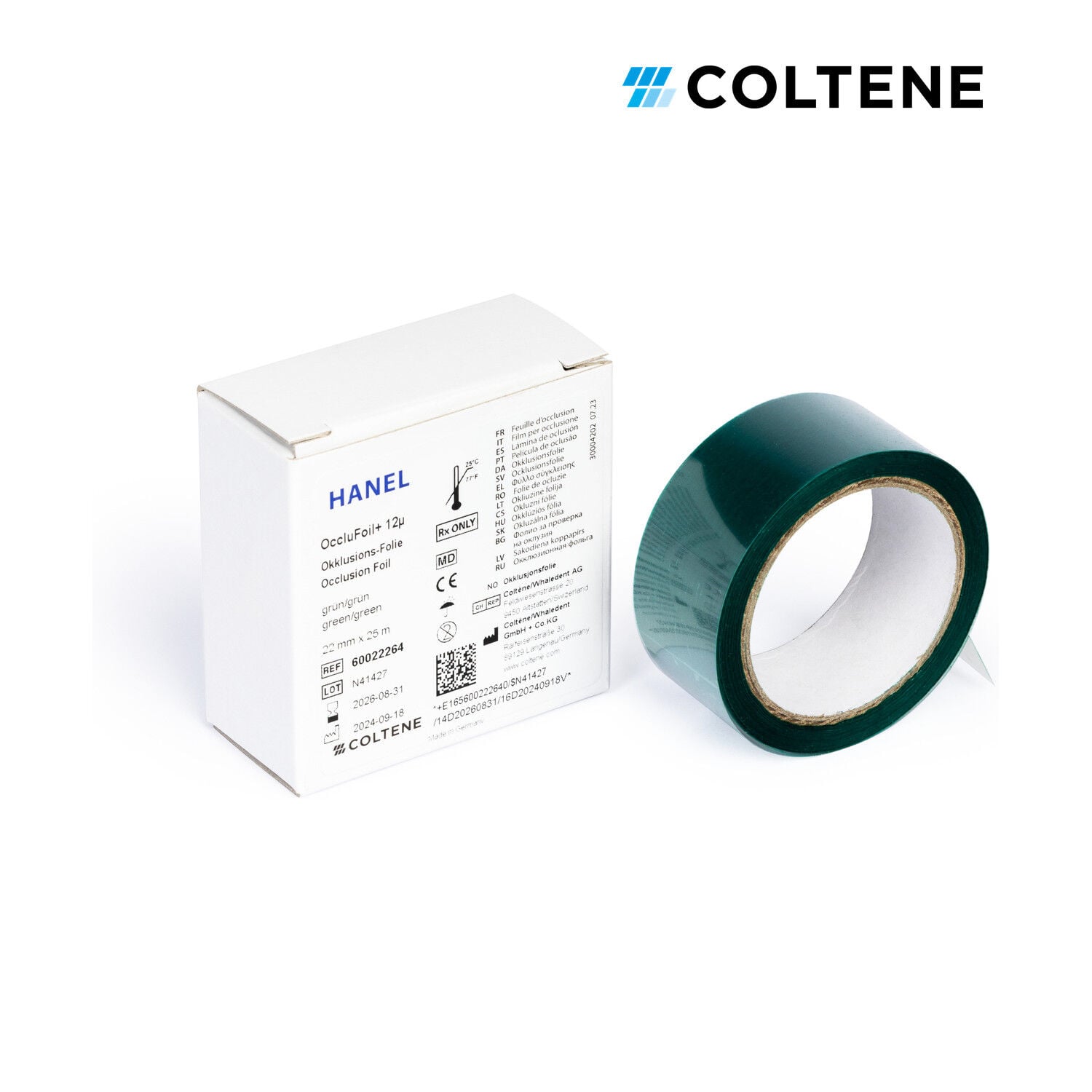 Coltene Hanel OccluFoil+ oklüzyon folyosu 12 µ, çift taraflı, 22 mm × 25 m, yeşil