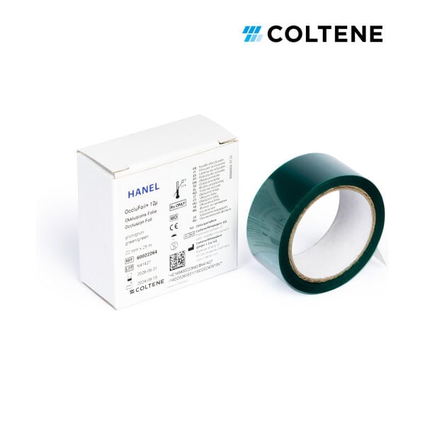 Coltene Hanel OccluFoil+ oklüzyon folyosu 12 µ, çift taraflı, 22 mm × 25 m, yeşil