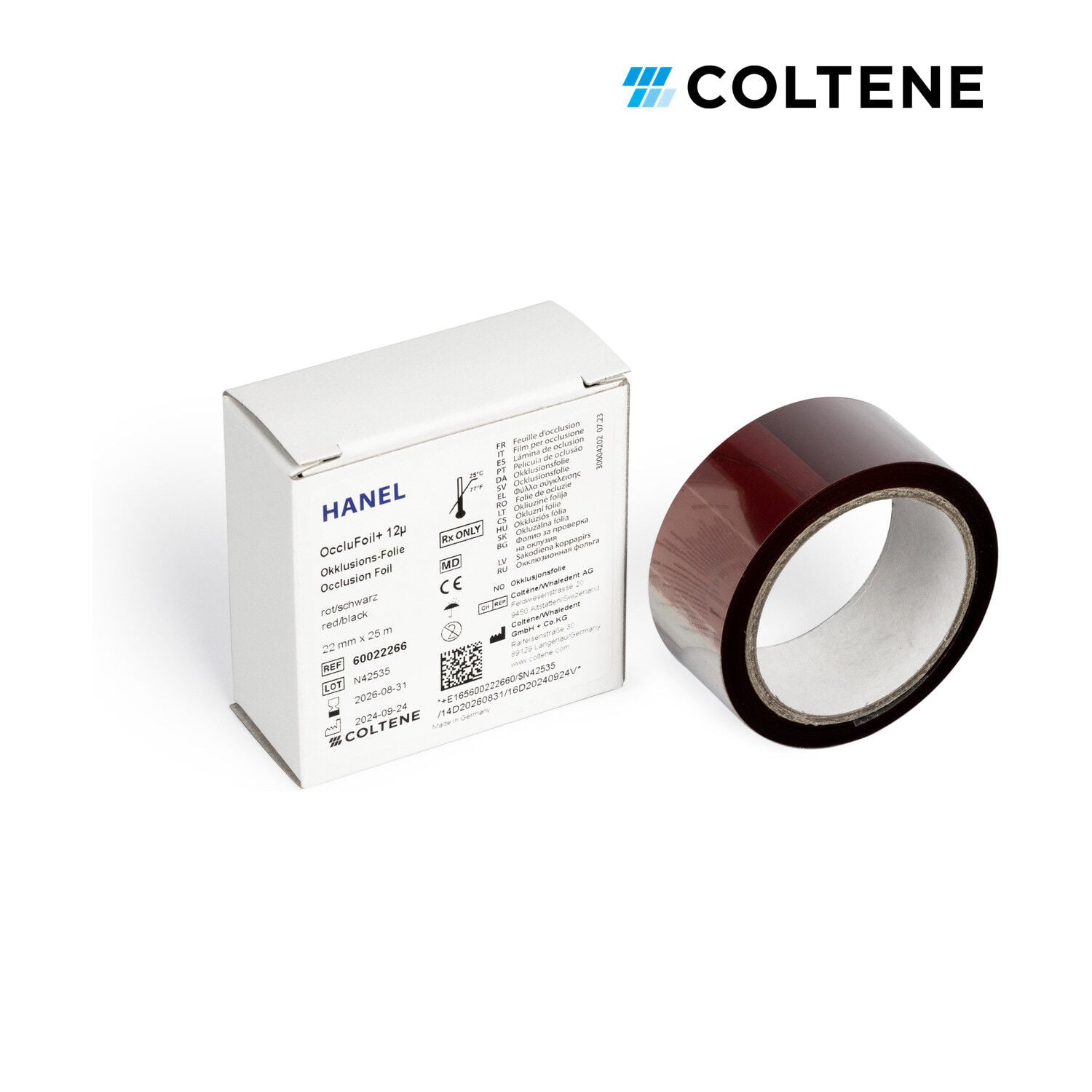 Coltene Hanel OccluFoil+ oklüzyon folyosu 12 µ, çift taraflı, 22 mm × 25 m, kırmızı / siyah