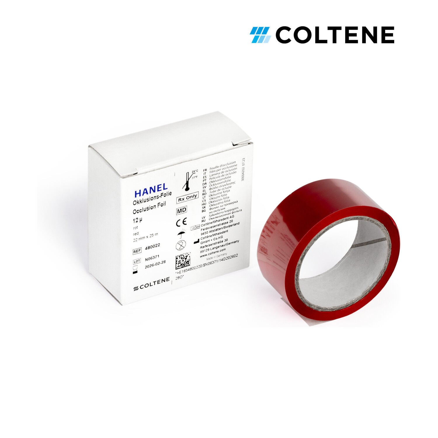 Coltene Hanel oklüzyon folyosu 12 µ, tek taraflı, 22 mm × 25 m, kırmızı