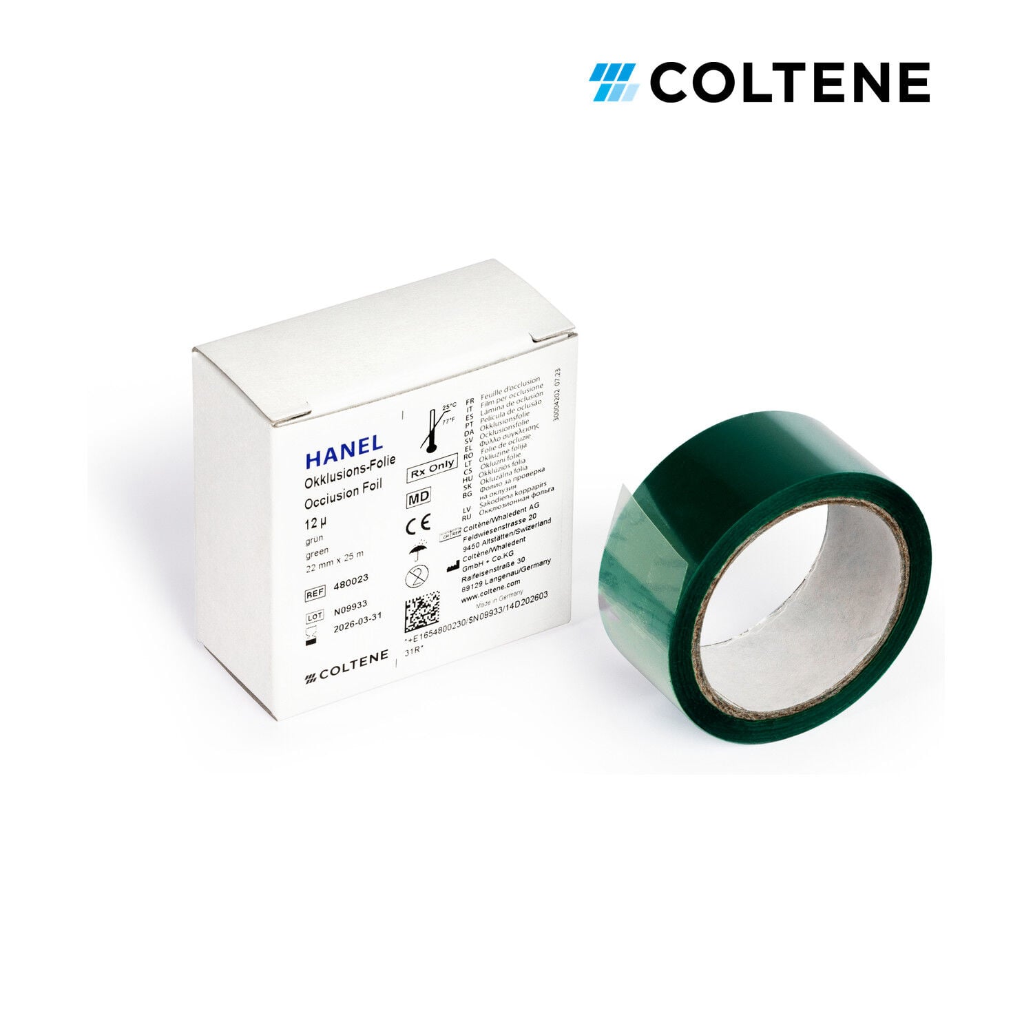 Coltene Hanel oklüzyon folyosu 12 µ, tek taraflı, 22 mm × 25 m, yeşil